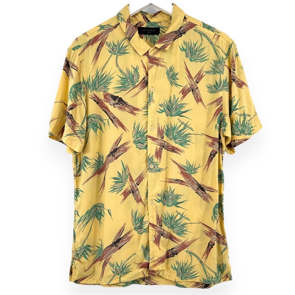 All Saints Yellow Tropical Print Short-Sleeve Button-Down Shirt